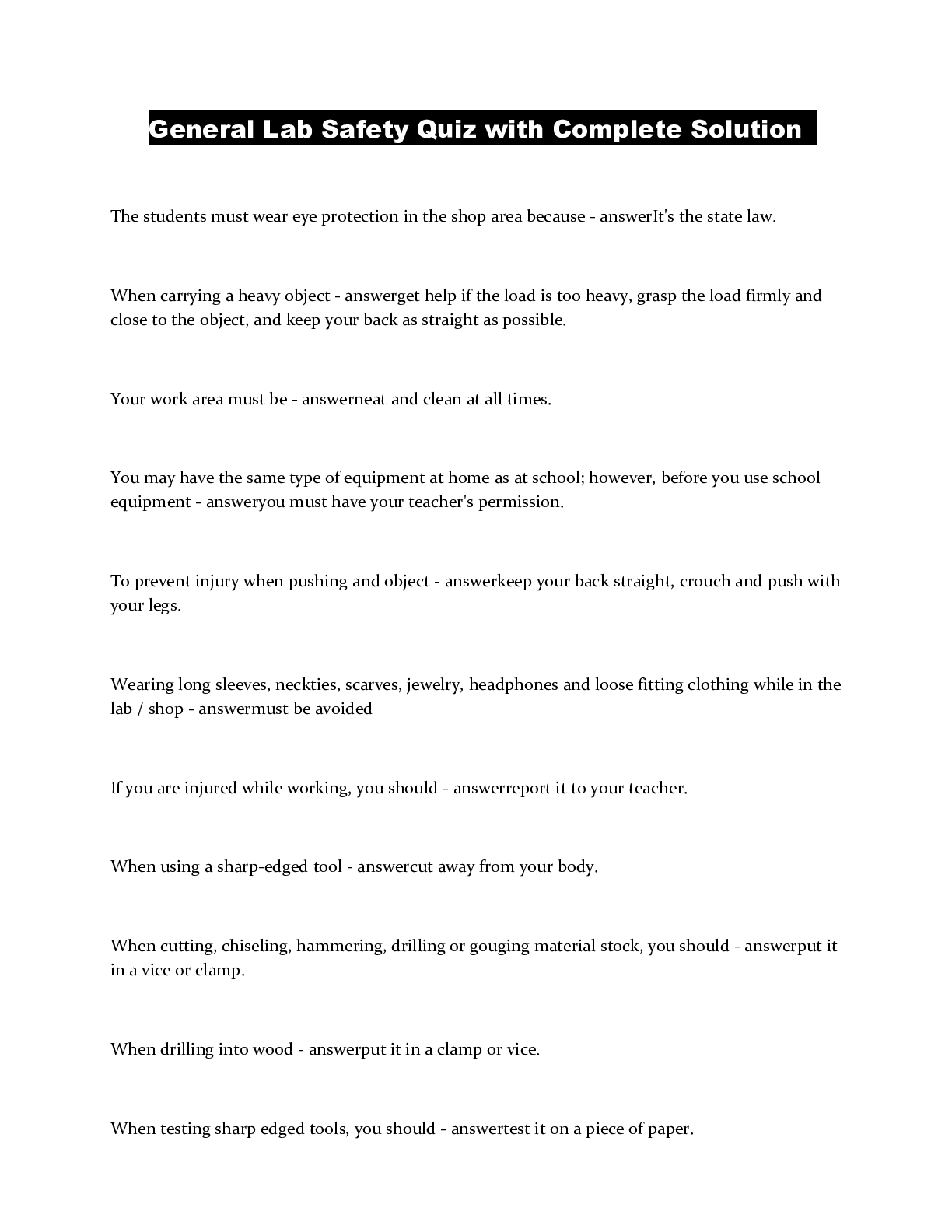 Preview image of General Lab Safety Quiz with Complete Solution document